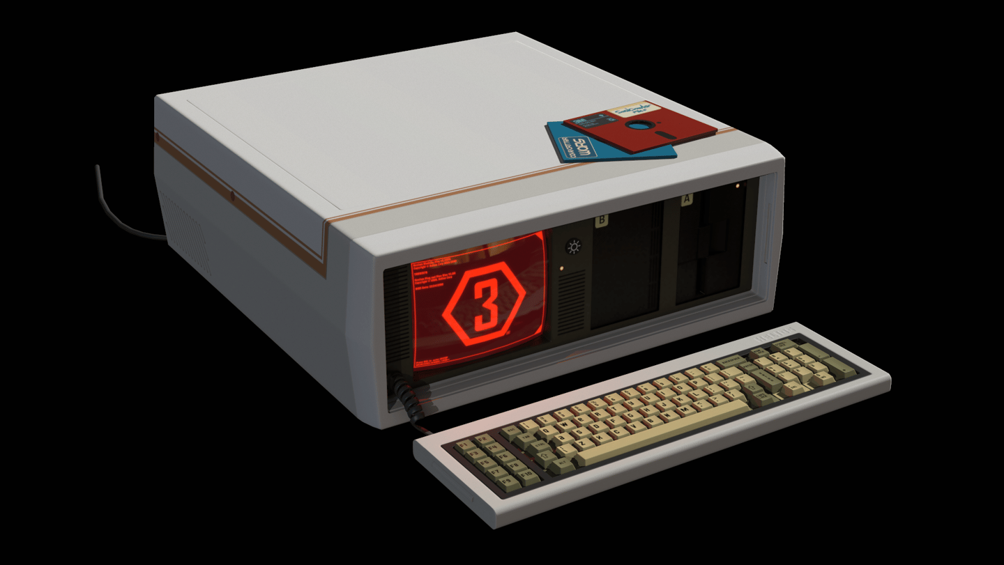 3D rendering of an old portable computer monitor and keyboard positioned on a desk.
