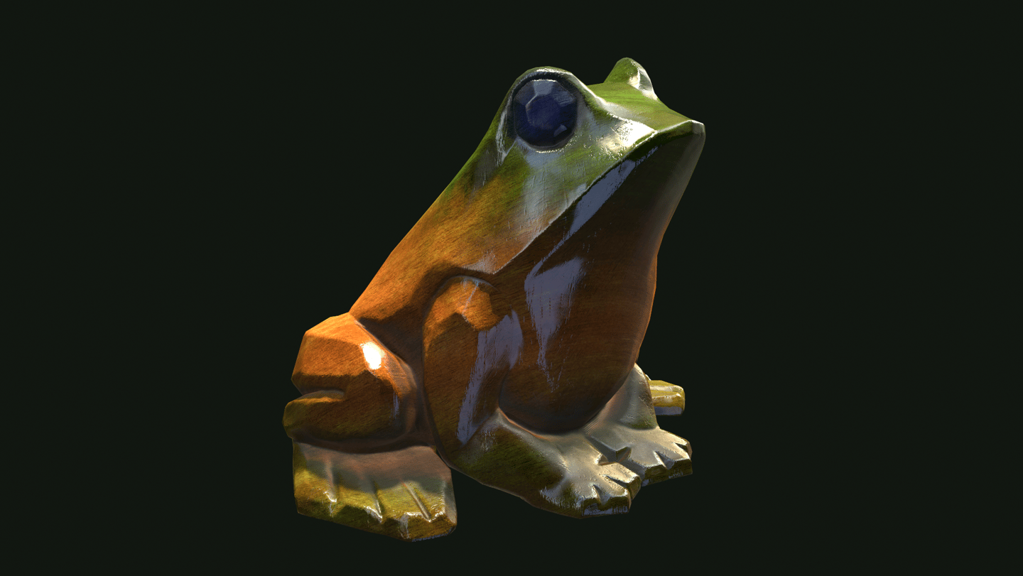 “3D rendering of a wooden frog facing southwest, featuring a tan belly and legs, with green accent