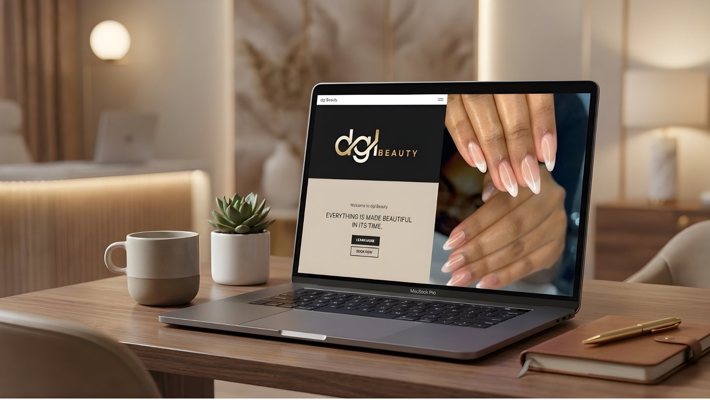 A MacBook Pro displaying a luxury nail salon website on a wooden desk with a coffee mug and small plant.