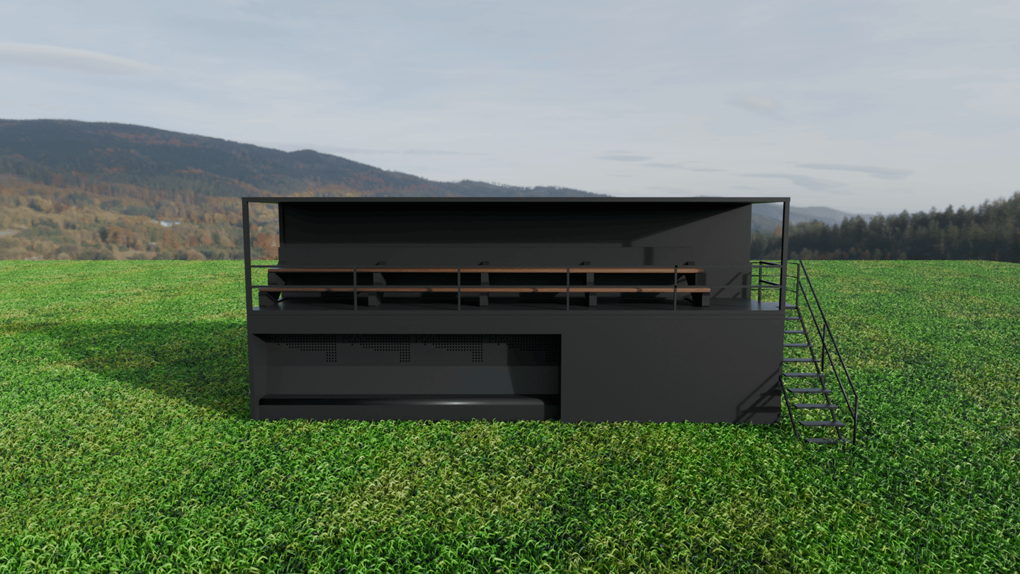 Módulo modular de dos niveles con graderío superior y escalera exterior, vista frontal