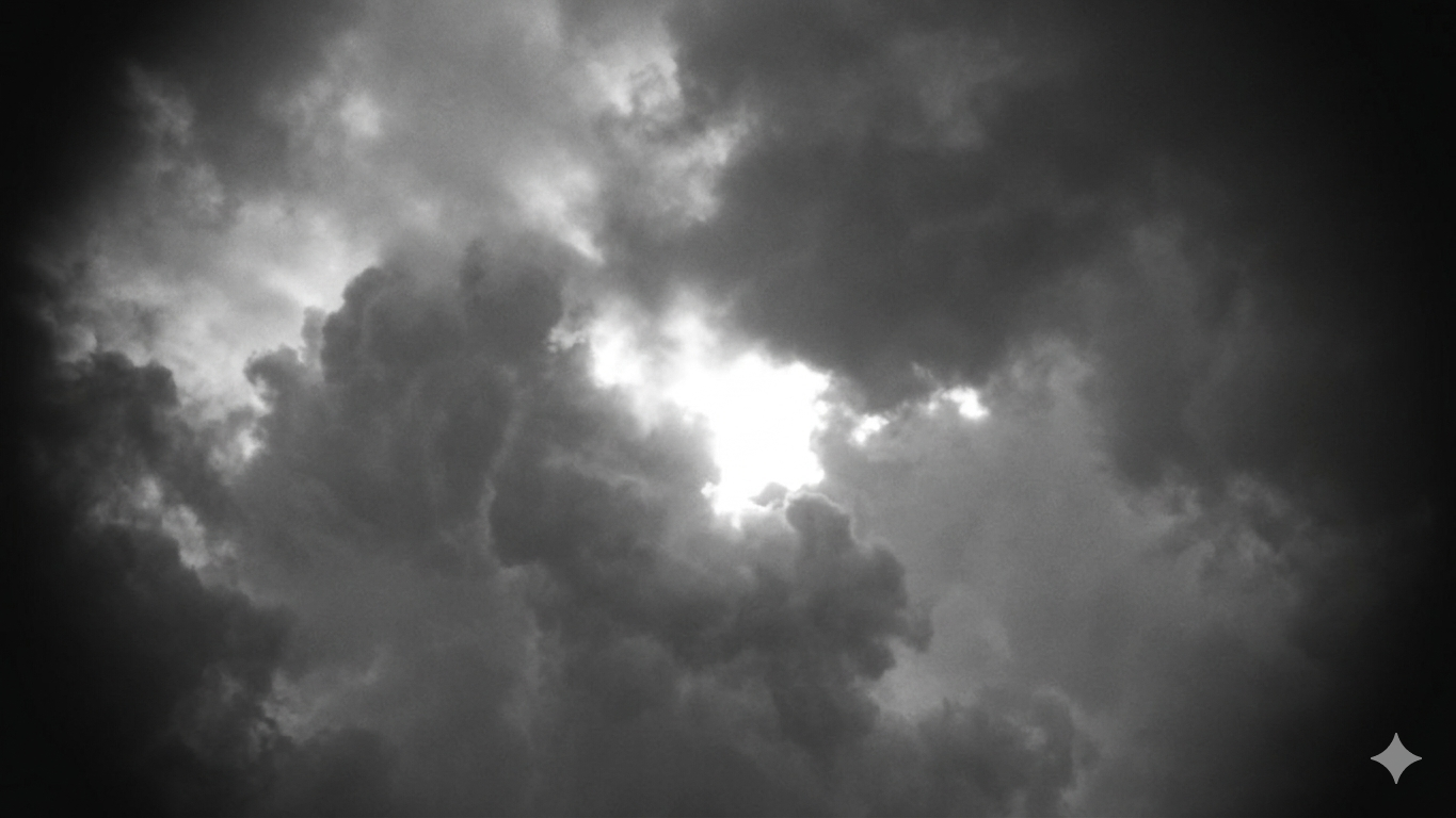 Nubes tormentosas y dramáticas en blanco y negro, cielo sombrío.