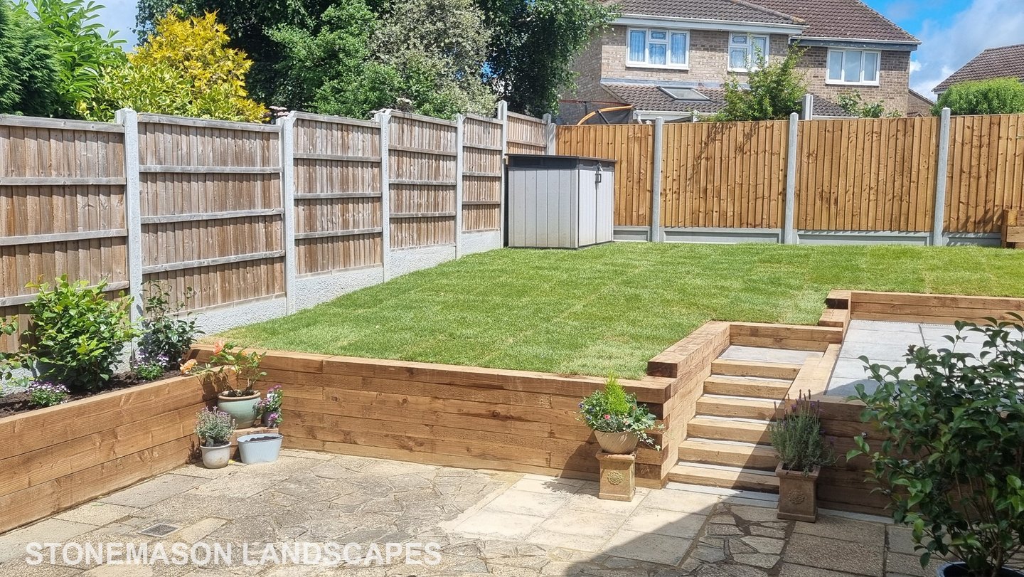 Sleeper Walls Planters & Steps Grey Sandstone Patio & Lawn - Upminster Hornchurch Brentwood Romford 