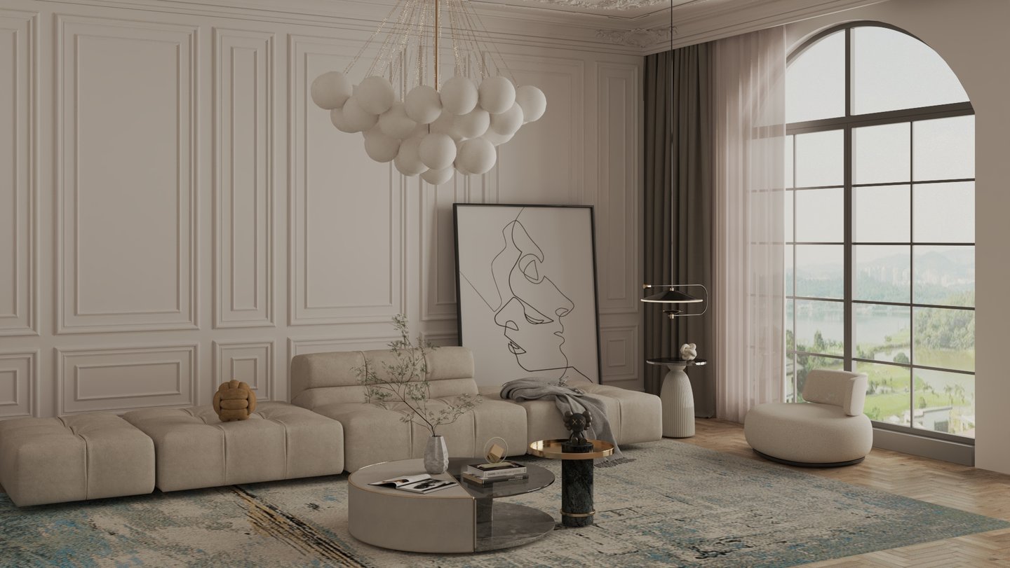 Modern minimalist living room with beige modular sofa, bubble chandelier, and large arched window.