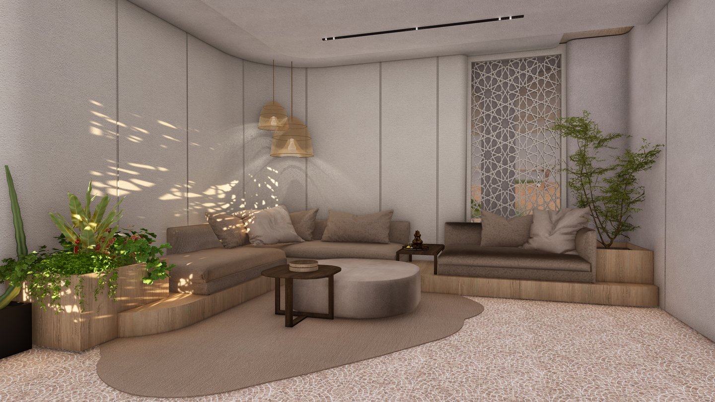 Majlis seating with mashrabiya screen, House of the Future UAE