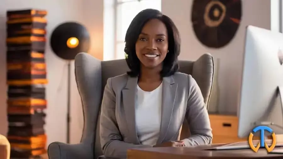 Femme sour!ante assise près de son pordinateur de bureau