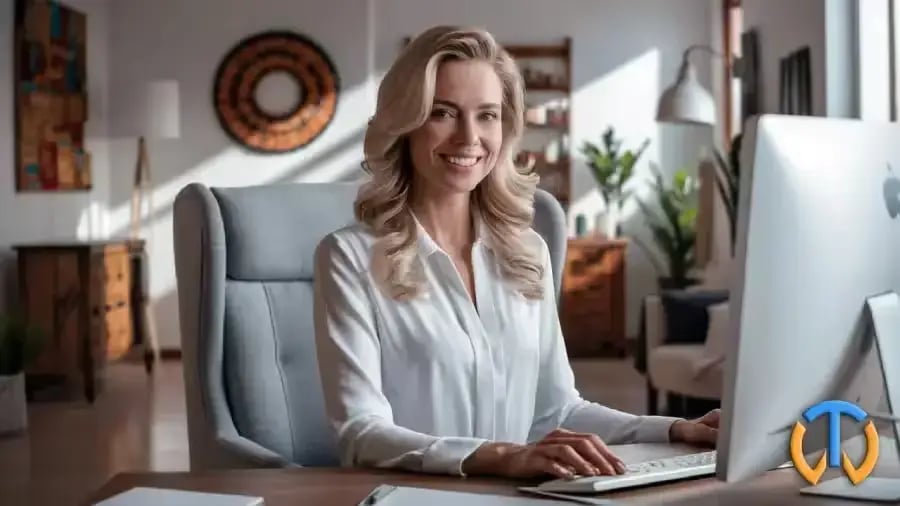 Une femme souriante devant son ordinateur de bureau