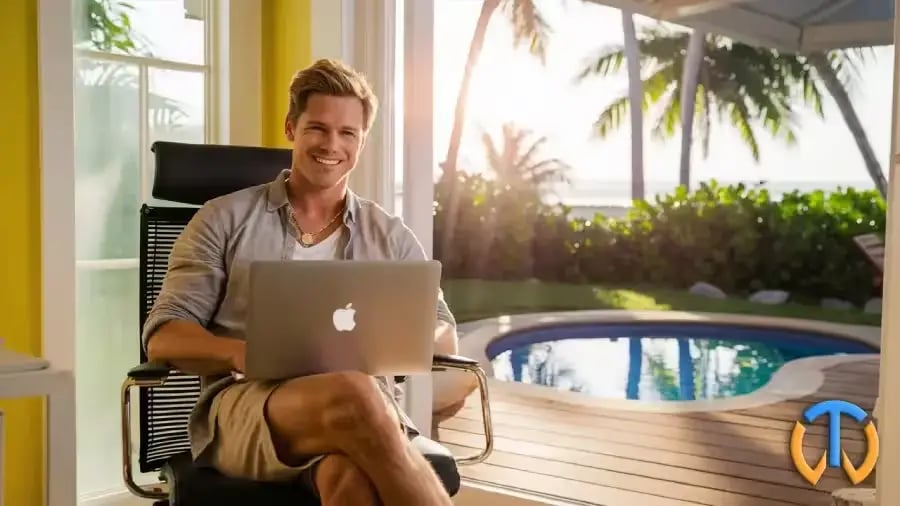 Un homme travaillant sur son ordinateur dans un décor tropical