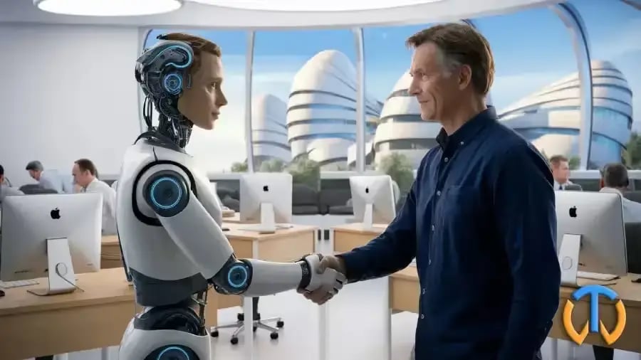 robot humanoide serrant la main d'un homme