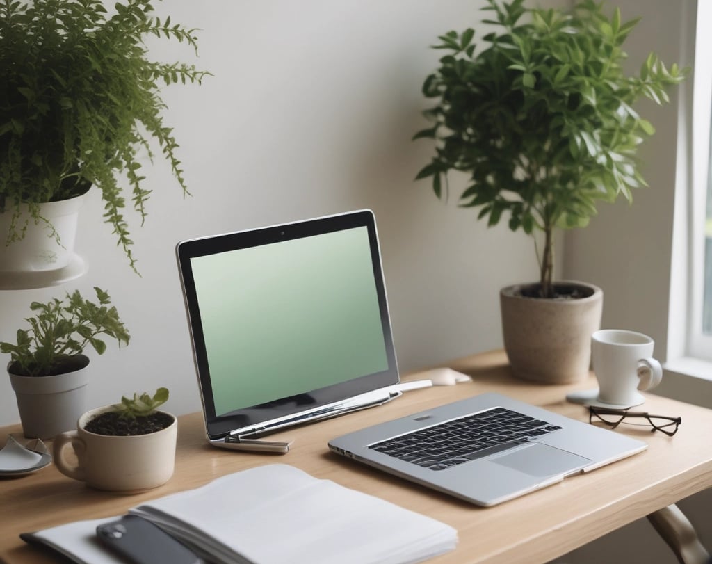 A bright, airy workspace with a laptop, green plants, and a cup of tea symbolizing calm and focus.