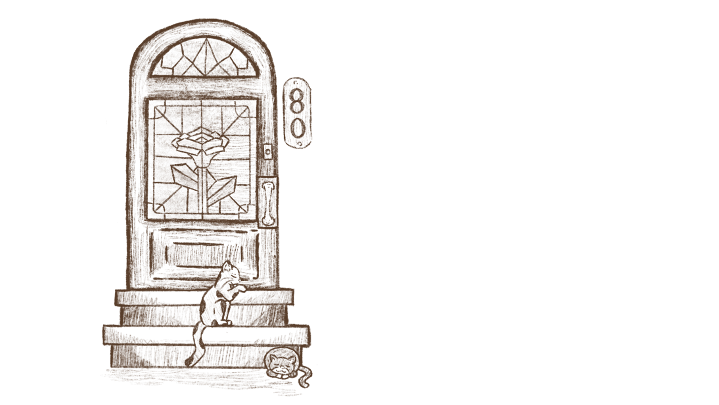 Pencil drawing of two cats sitting on steps by an ornate wooden door with a rose stained glass window.