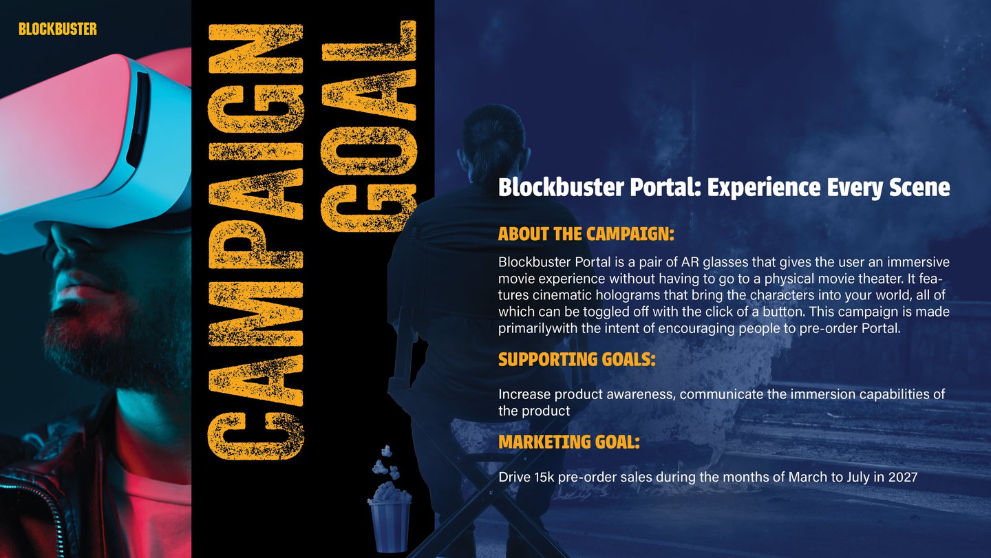 marketing goal summary with a close up image of of a man with AR glasses, looking outward 