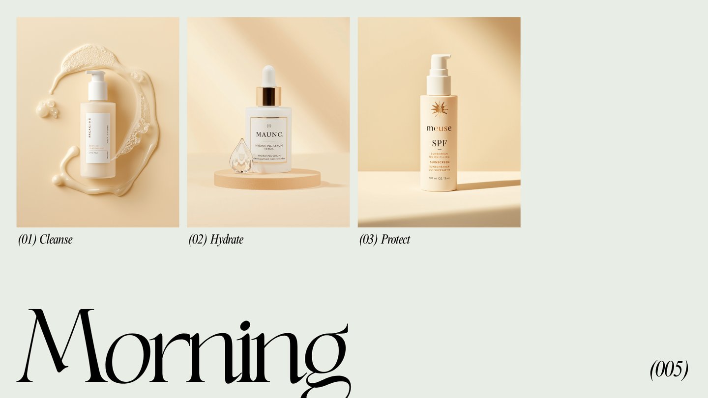 Three-step morning skincare routine featuring a gentle cleanser, hydrating serum, and SPF sunscreen.