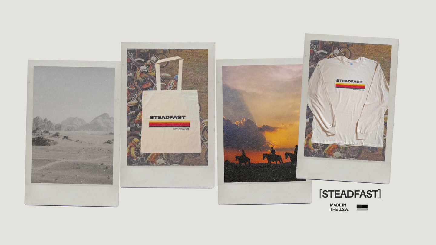 Steadfast Apparel long sleeve shirts and tote bags.