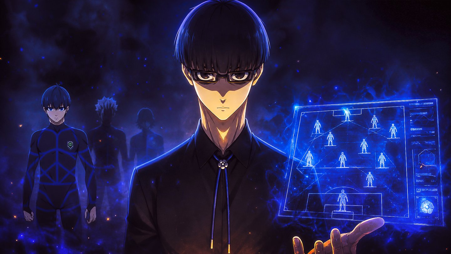 Jinpachi Ego from Blue Lock anime holding a glowing blue digital soccer formation holographic display screen.