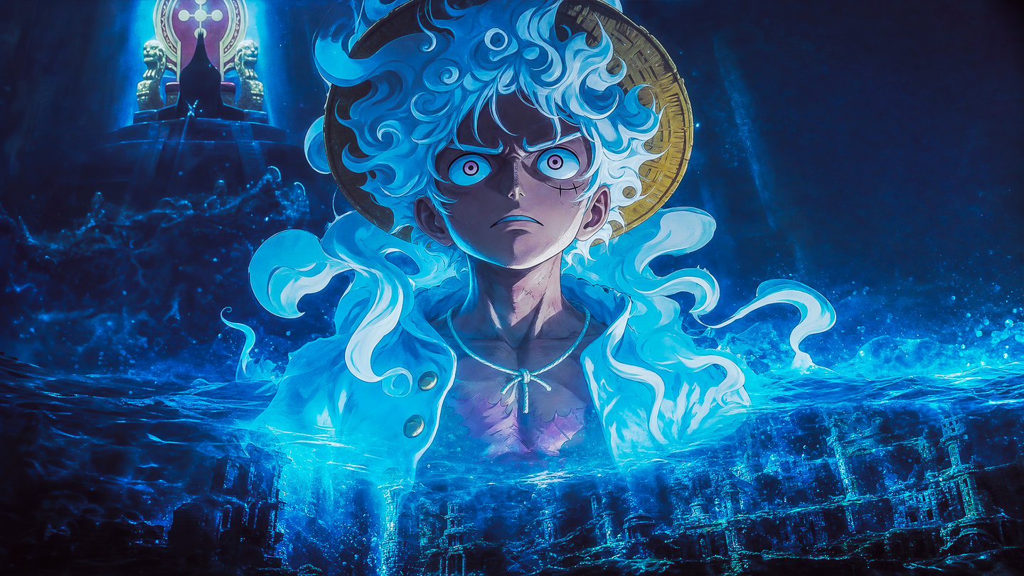 Monkey D. Luffy in Gear 5 form rising from the ocean with a blue aura and straw hat in One Piece anime style.