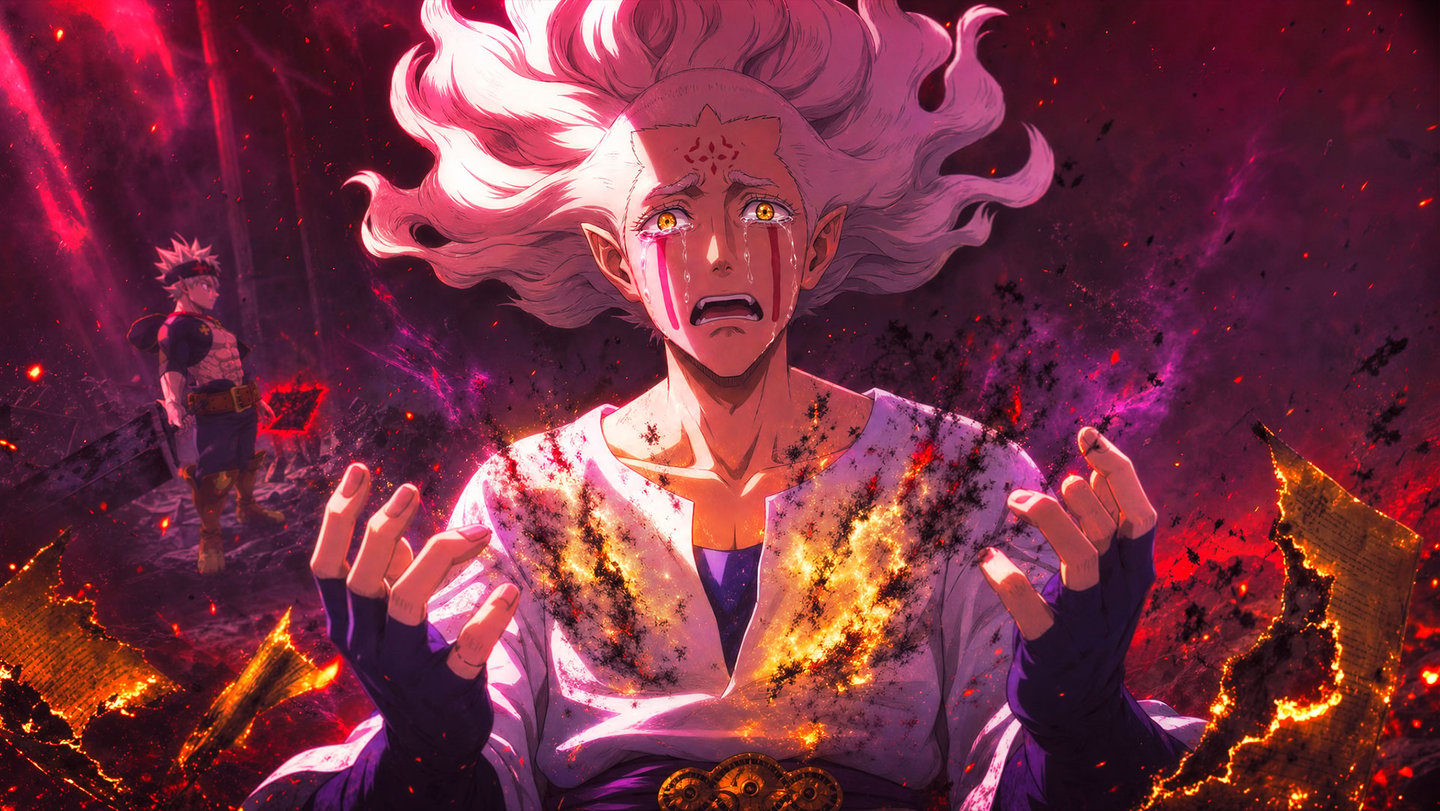 Patry from Black Clover crying with glowing eyes and flowing white hair in a dramatic anime battle scene.