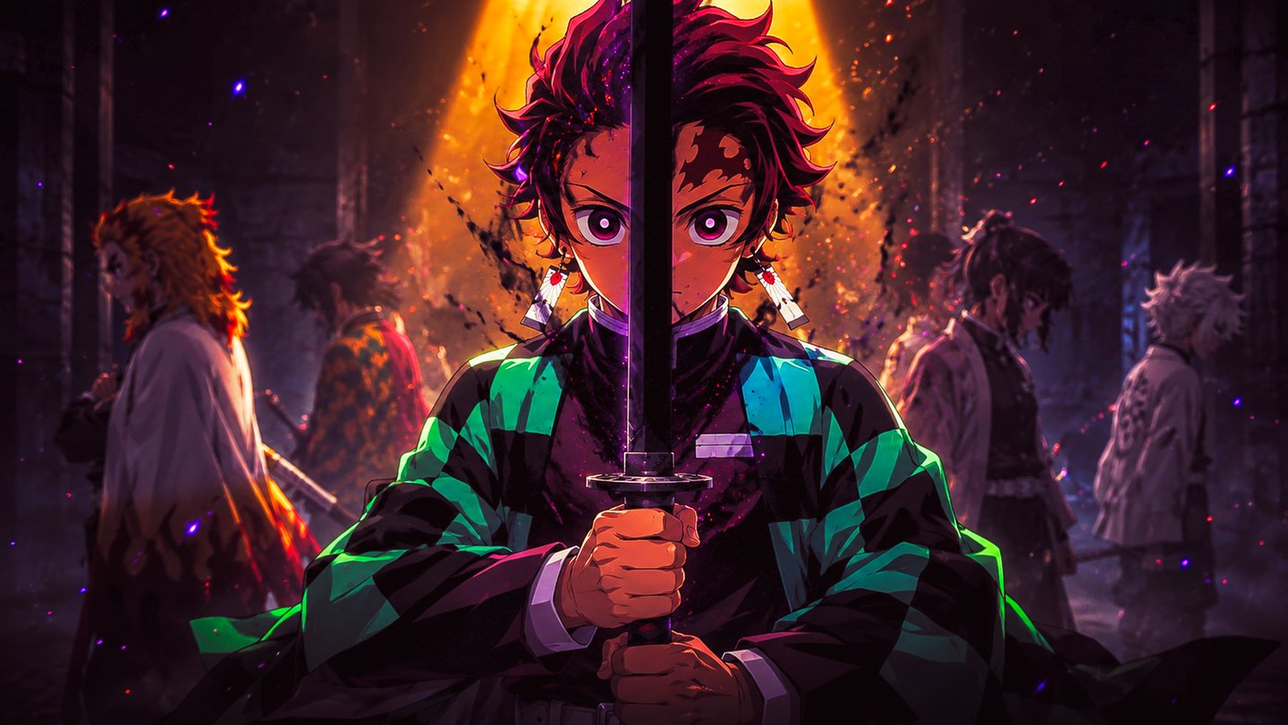 Tanjiro Kamado holds a katana in front of the Hashira in this cinematic Demon Slayer anime wallpaper.