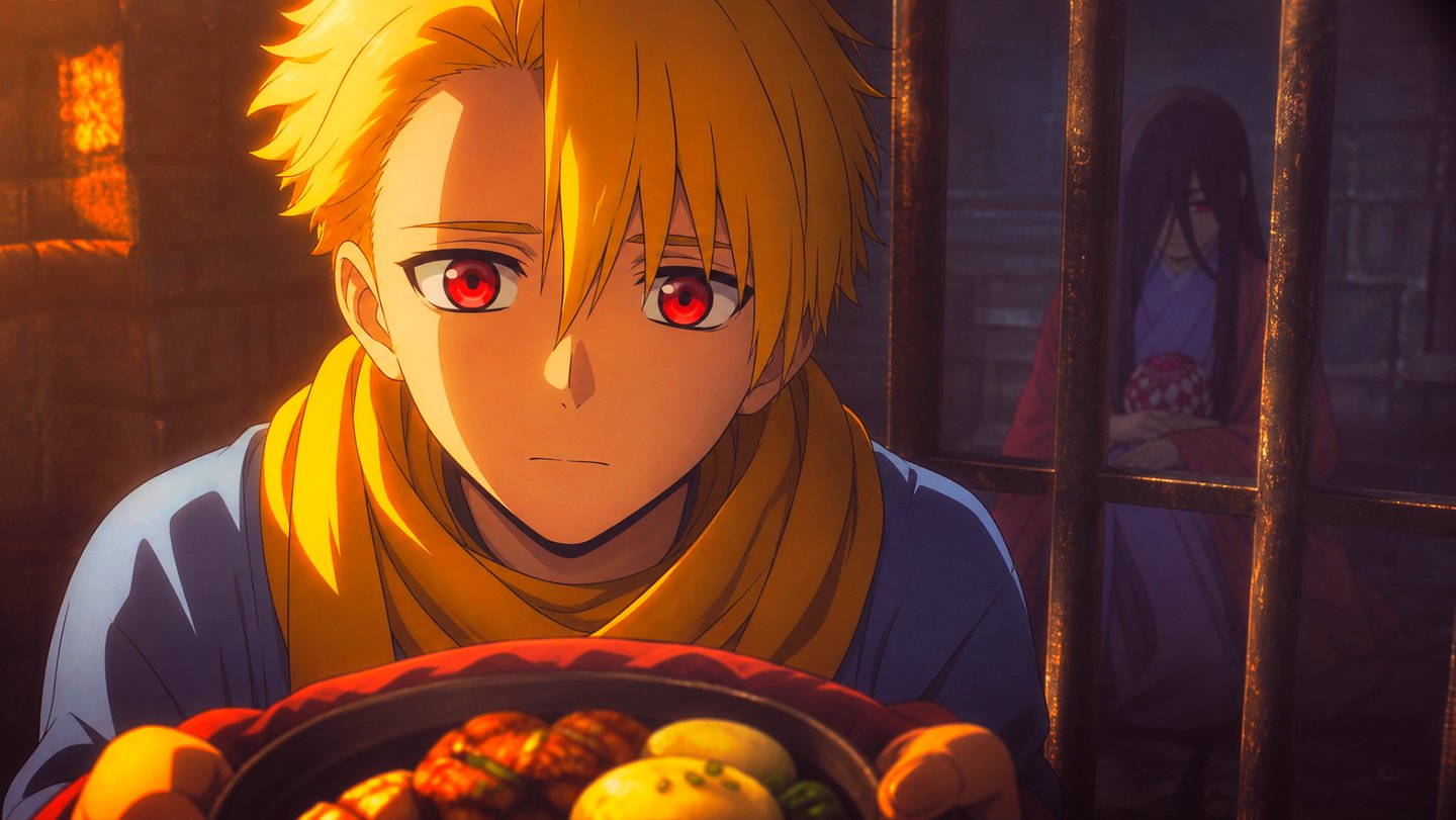 Blonde anime boy with red eyes holding a bowl of food near a woman behind bars.