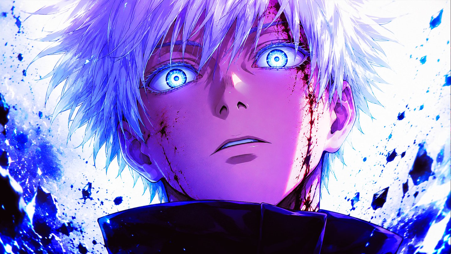 Satoru Gojo from Jujutsu Kaisen with glowing blue Six Eyes and white hair in a battle pose.