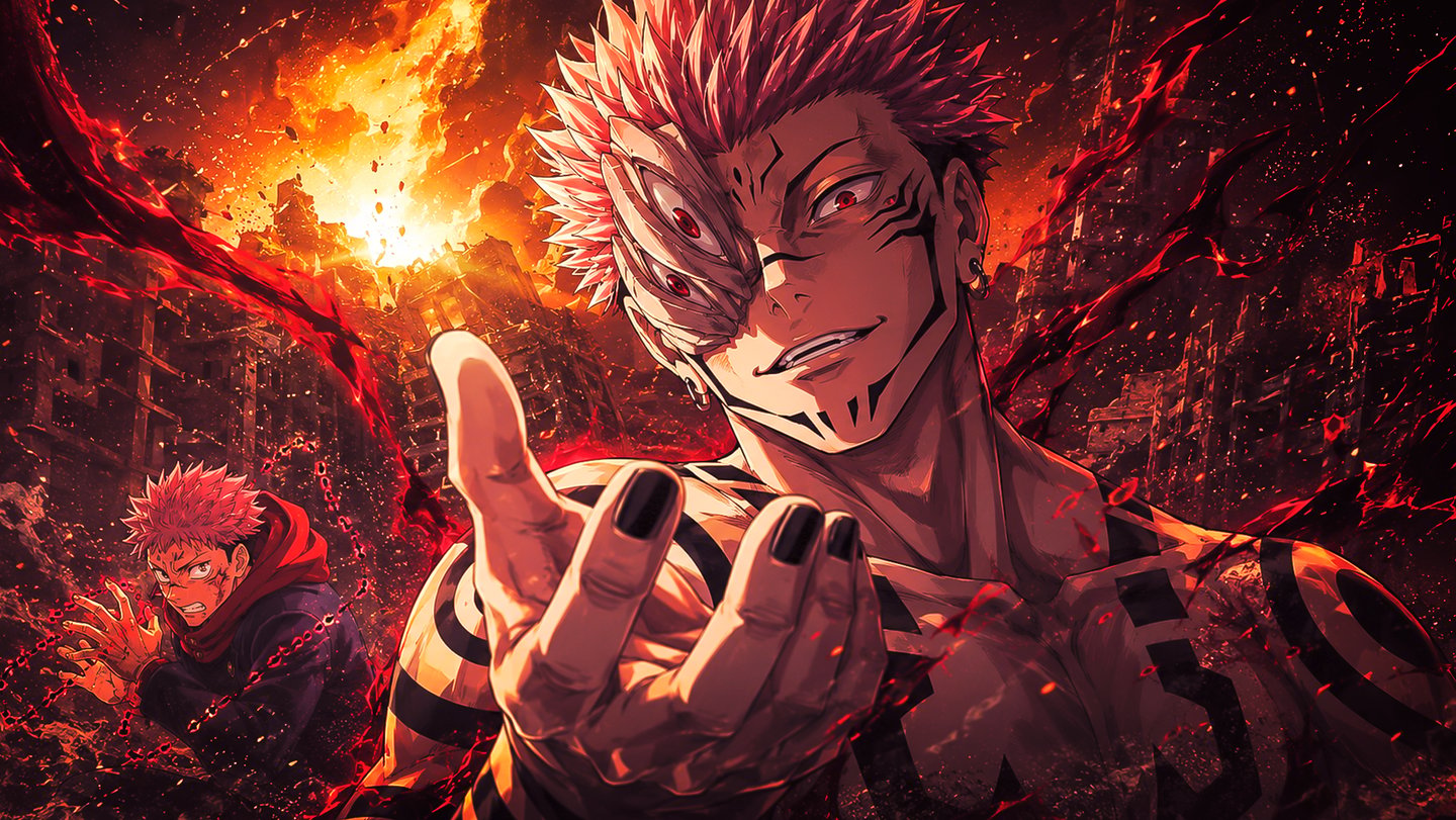 Ryomen Sukuna and Yuji Itadori anime artwork featuring fiery city destruction and cursed energy effects.