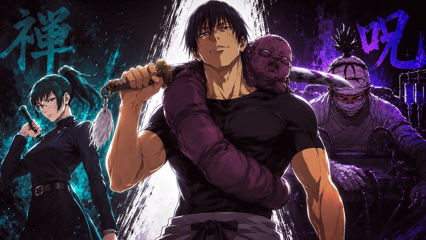Jujutsu Kaisen wallpaper featuring Toji Fushiguro, Maki Zenin, and Kokichi Muta in a stylized anime art style.