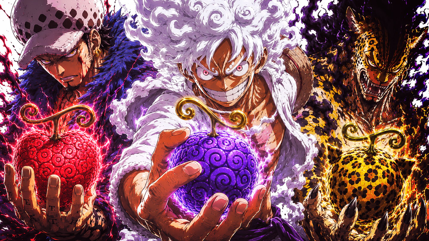 One Piece artwork featuring Law, Luffy Gear 5, and Lucci holding their respective Devil Fruits.