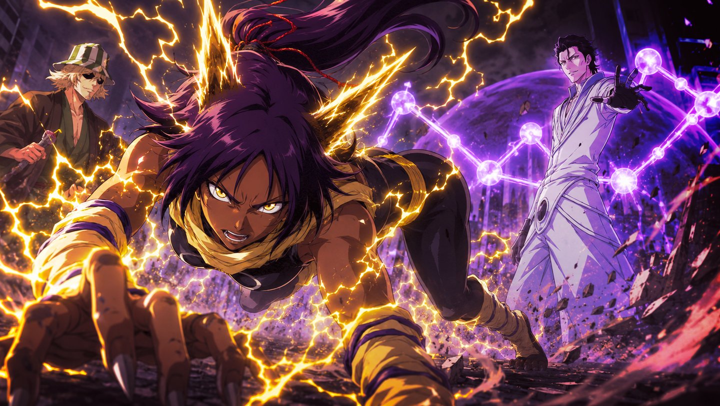 Yoruichi utilizando sua forma felina durante a batalha contra Askin em Bleach.