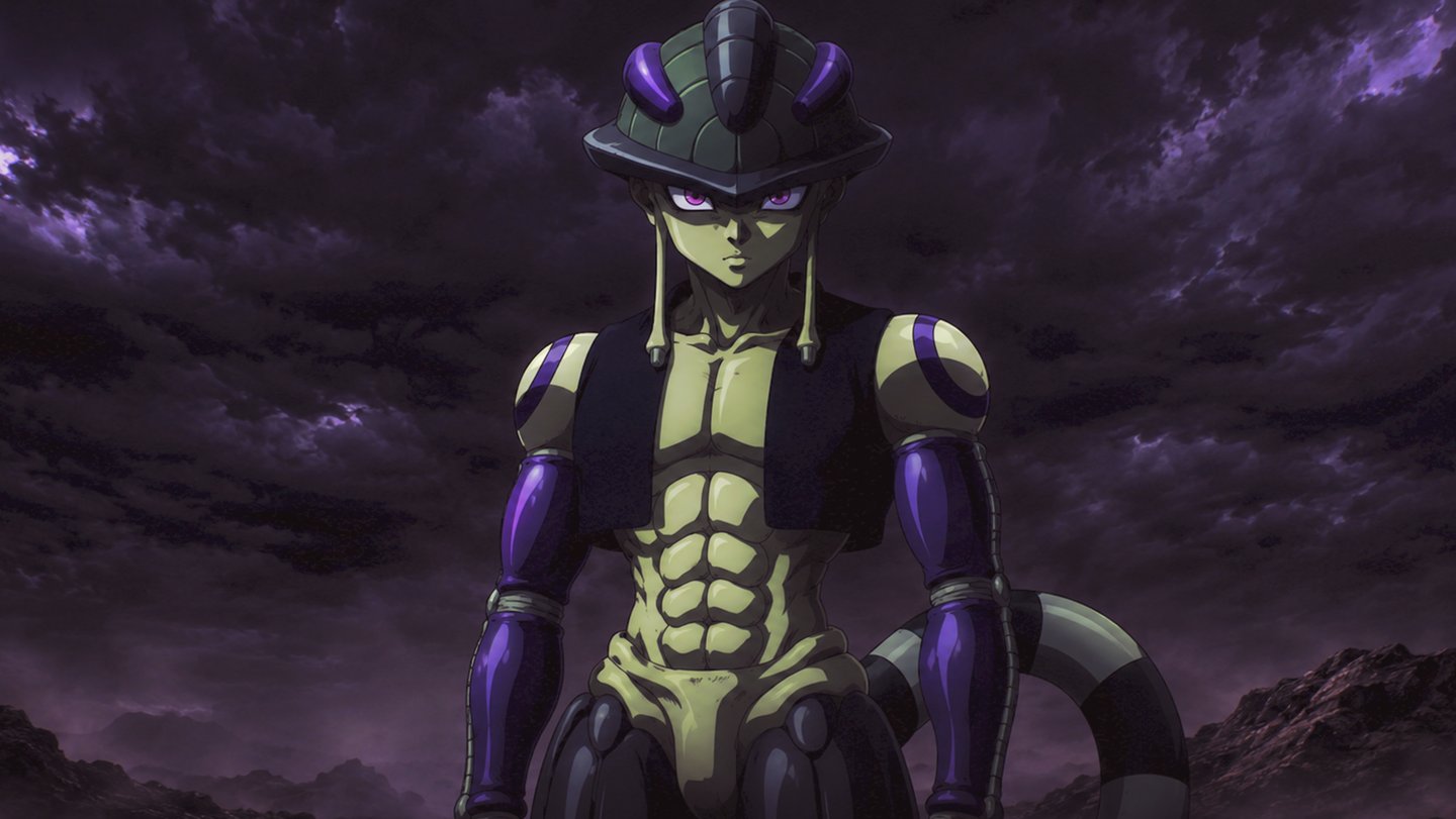Meruem, the Chimera Ant King from Hunter x Hunter, standing against a dark purple stormy sky.