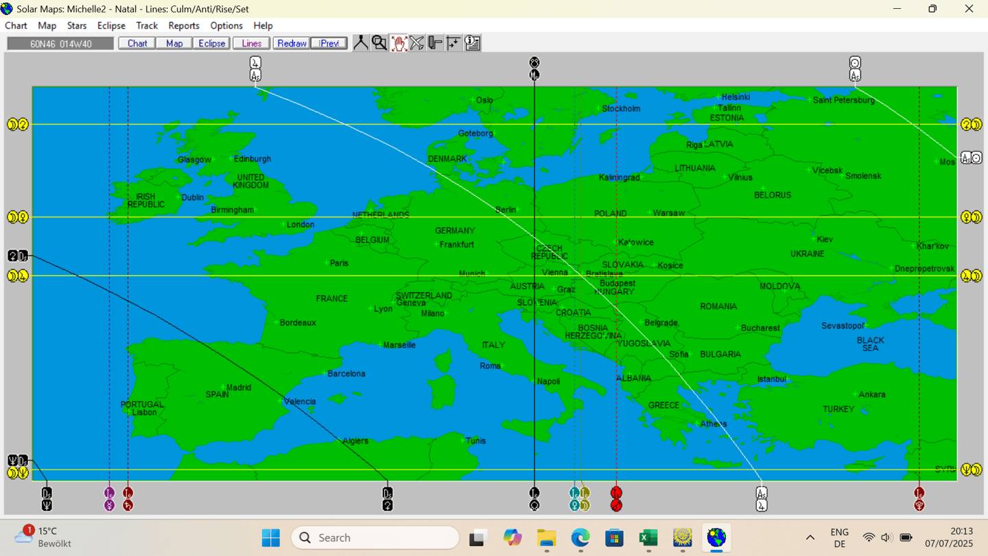 software screen shot showing a map of Europe with astrocartography lines