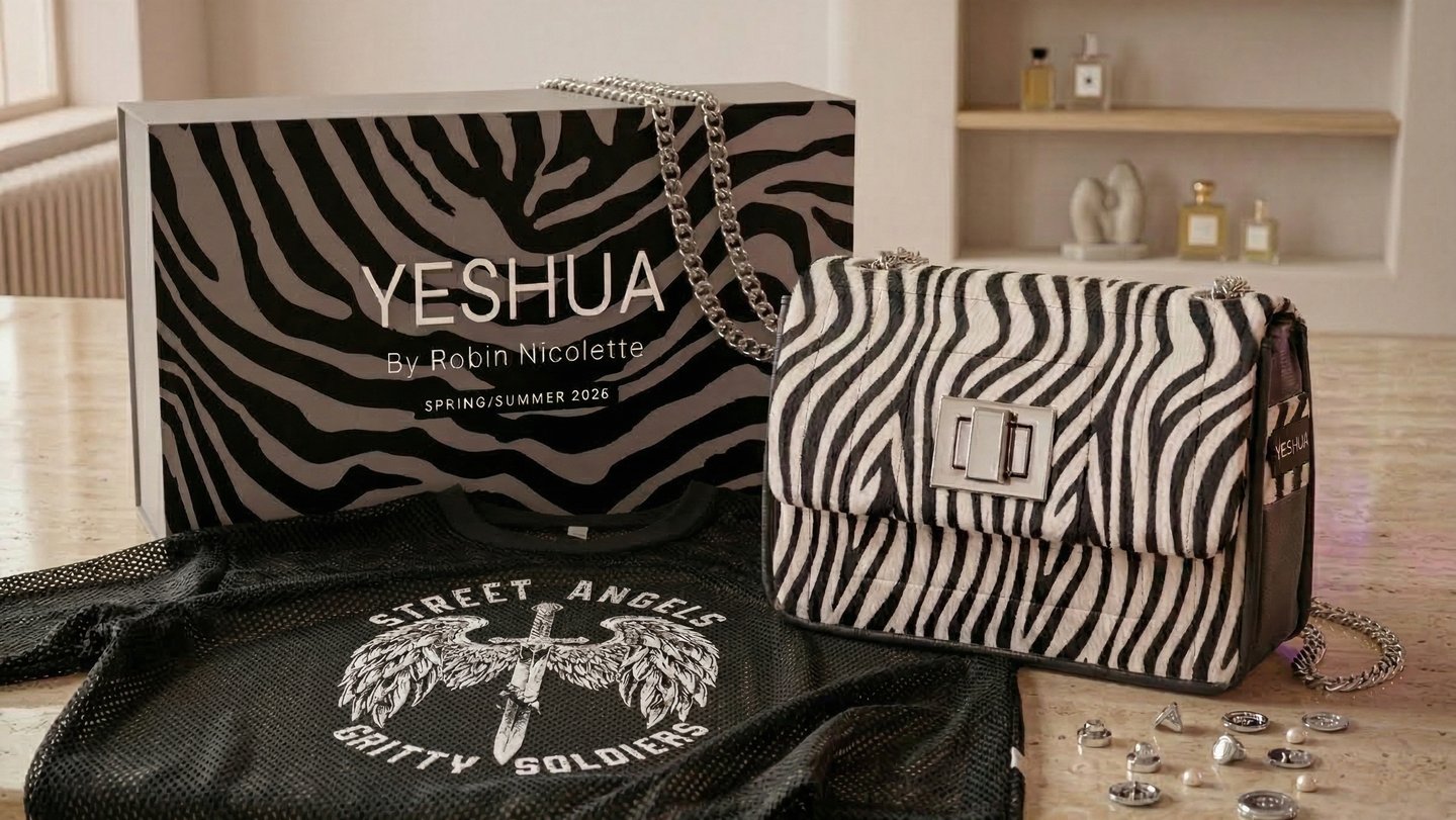 YESHUA by Robin Nicolette zebra print handbag with matching gift box and black mesh graphic t-shirt.