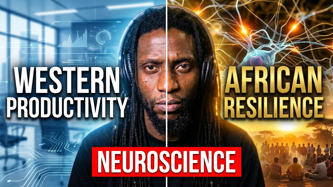 A man split between Western productivity and African resilience with neuroscience graphics.