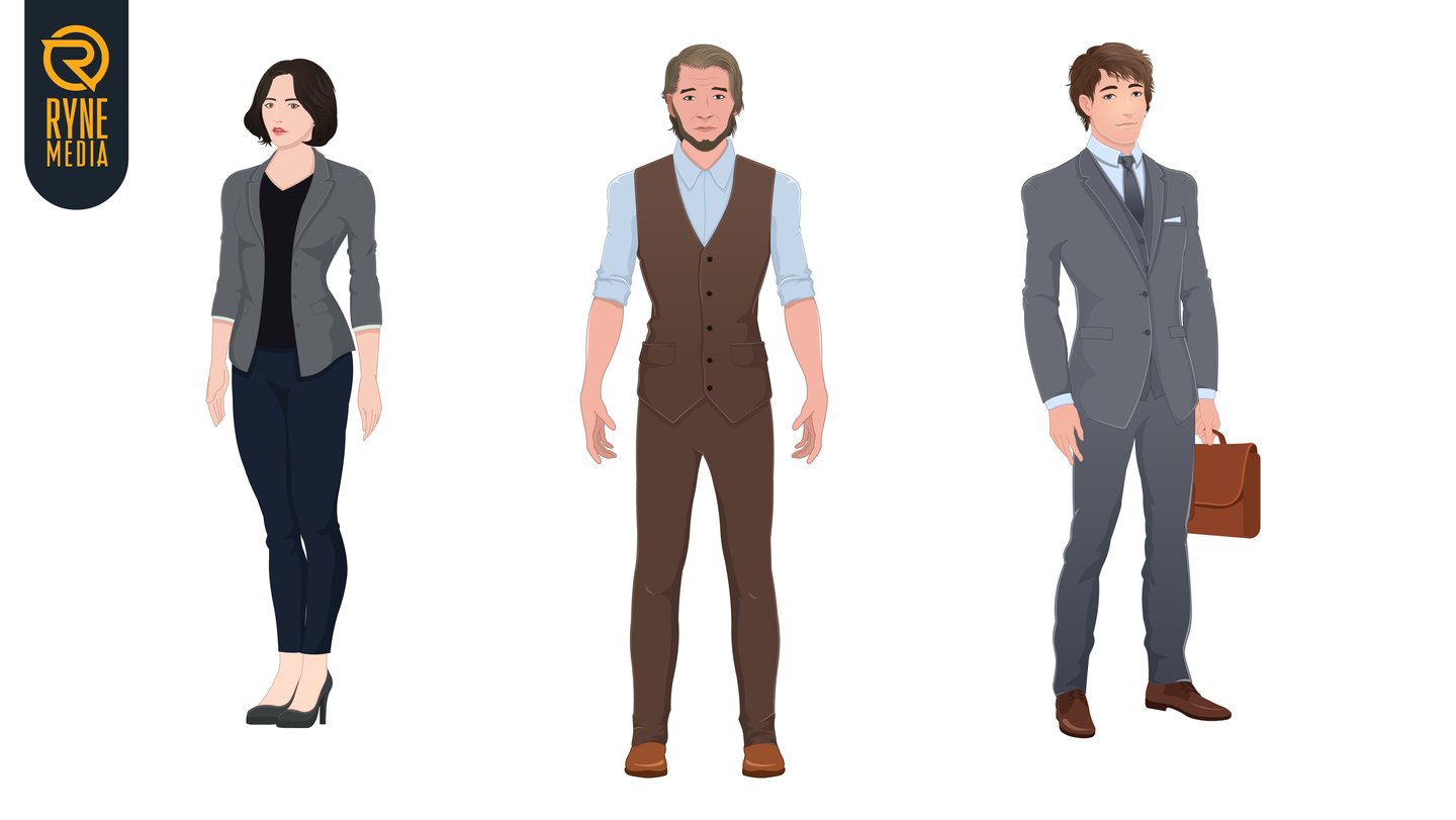 Illustrated professional characters in business casual and formal attire for corporate media projects.