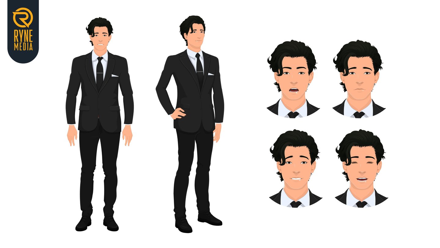 Anime-style male character design sheet featuring a man in a black suit with multiple facial expressions.