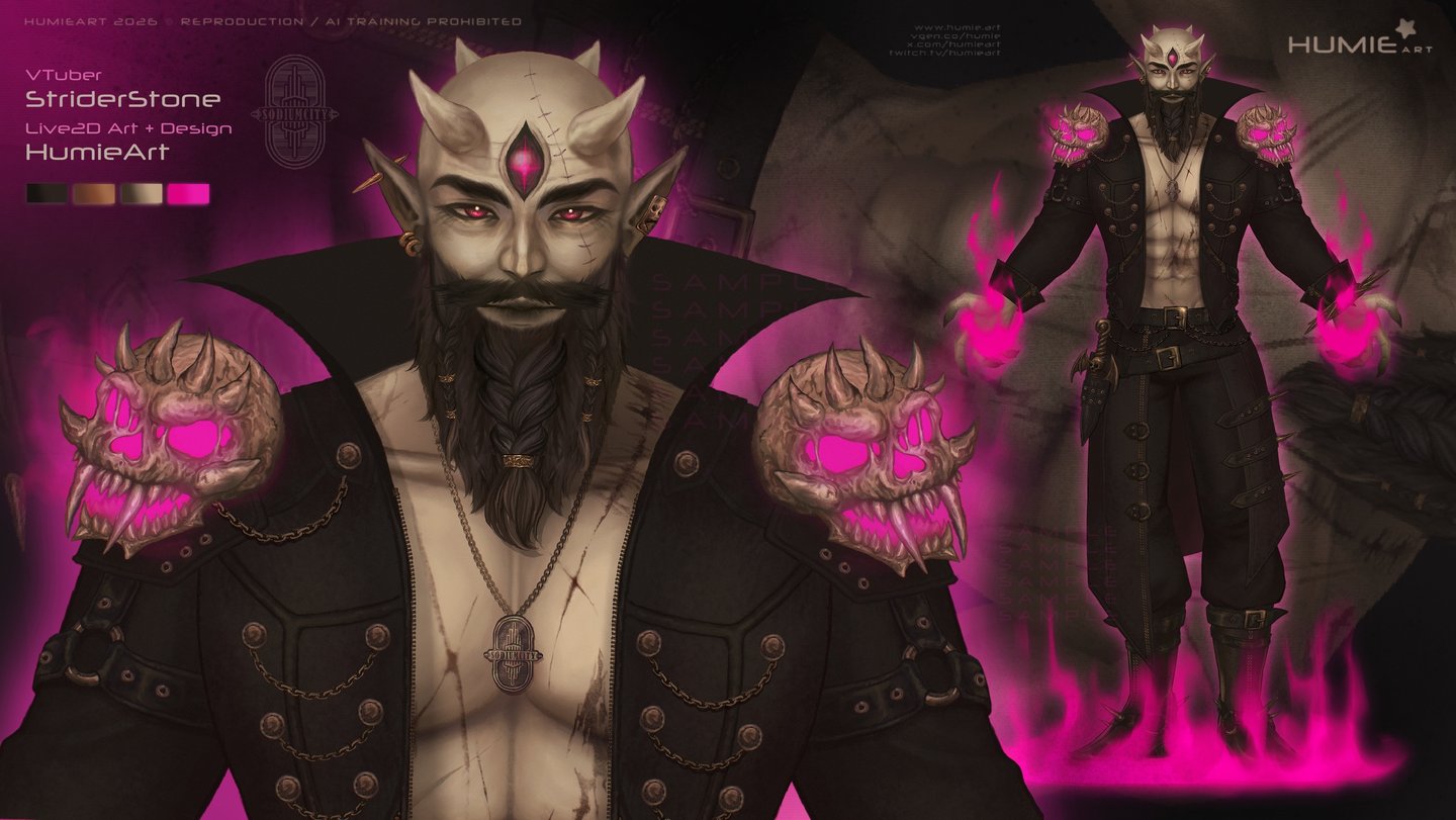 Male necromancer vtuber model with goth black outfit, skulls, dagger, scars & detailed accessories.
