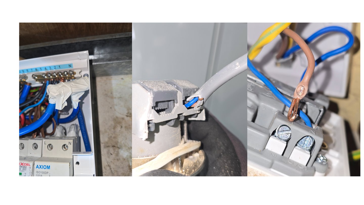 EICR inspection in Thurrock showing unsafe electrical connections, damaged cable insulation and poorly terminated conductors.