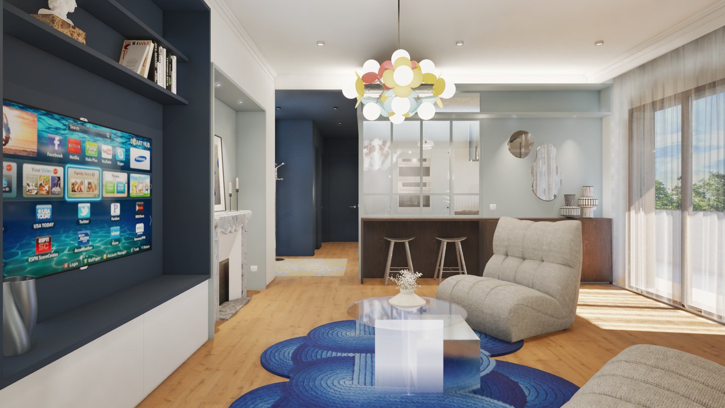 Rénovation appartement Lyon - espace ouvert cuisine salon avec suspension design - architecte intéri