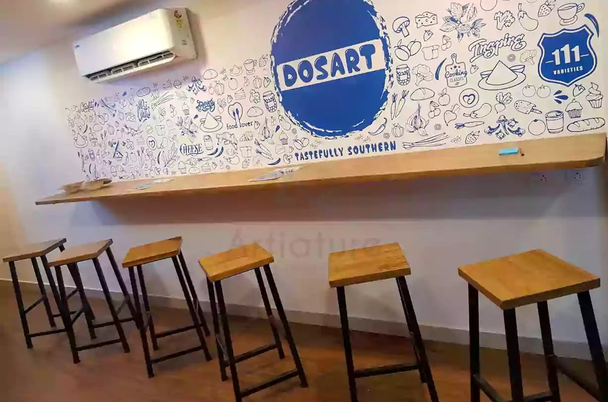 a row of stools with stools and bench