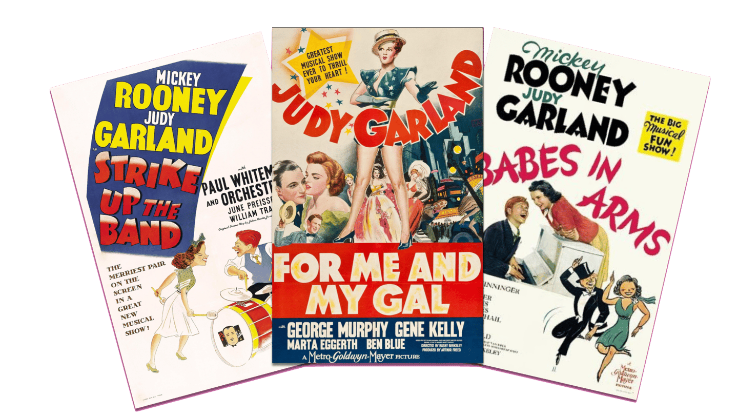Poster collage for Strike Up the Band, For Me and My Gal, and Babes in Arms, starring Judy Garland a