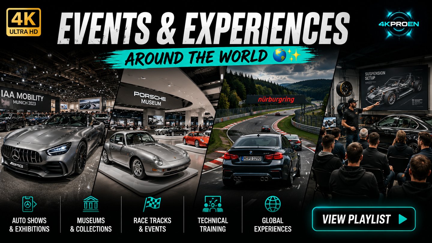4K automotive events, international car shows, museums, Nürburgring driving experiences, technical t