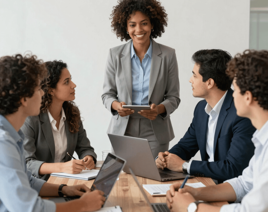 Equipe corporativa participando de uma reunião colaborativa e dinâmica, profissionais discutindo ide