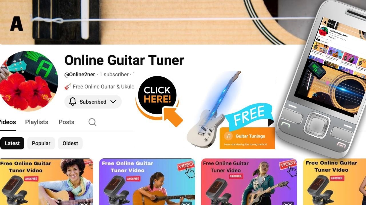 Screenshot of an online guitar tuner YouTube channel with free tuning video tutorials.