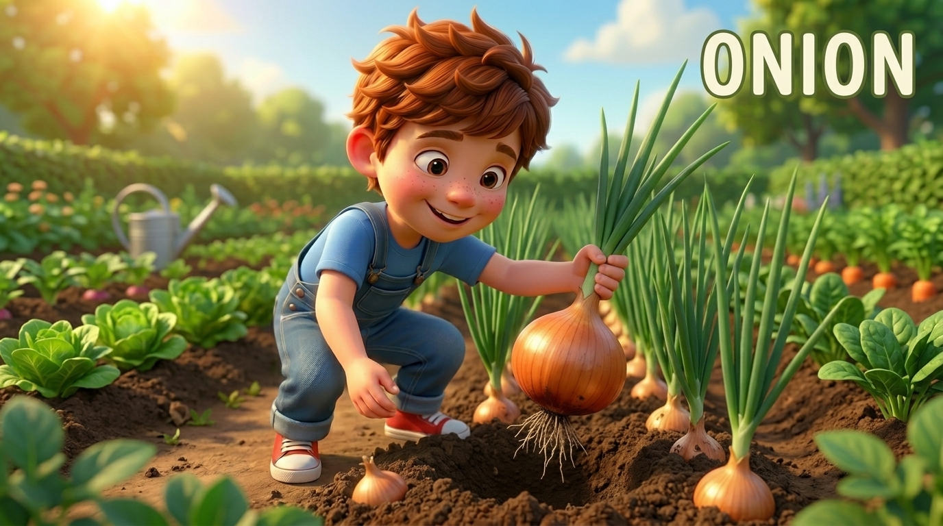 Cartoon boy harvesting a large yellow onion in a sunny vegetable garden for kids.