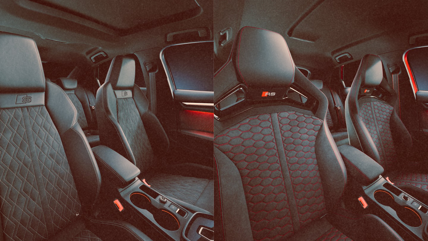 Luxury Audi RS sport seats with quilted leather upholstery and red stitching inside a modern car interior.