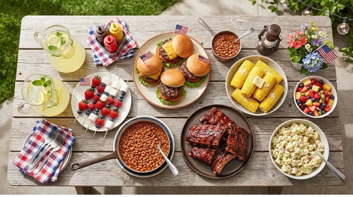 Classic 4th of July party foods include burgers, BBQ ribs, corn on the cob, and lemonade.