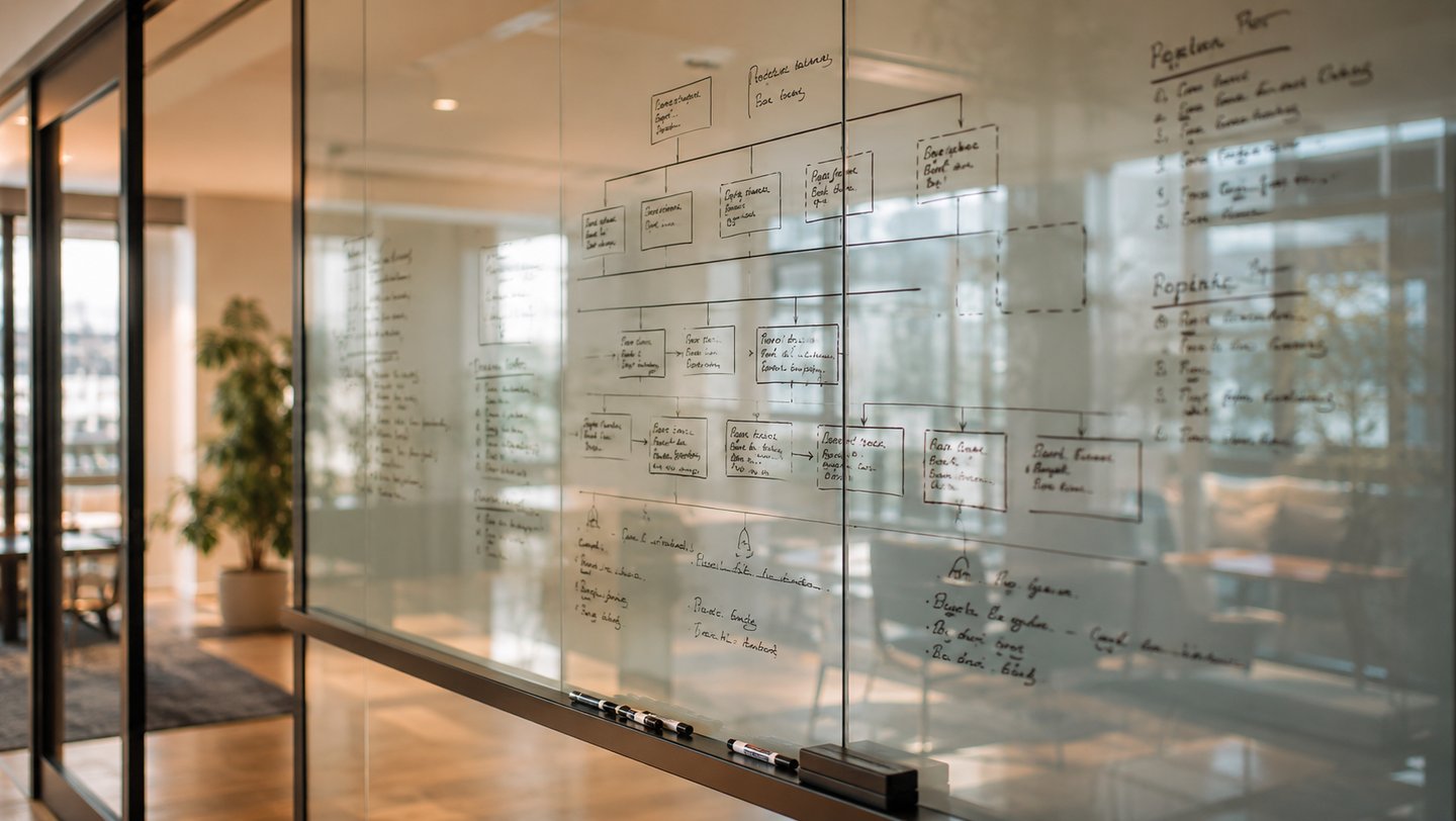 Glass wall covered in process diagrams and frameworks, illustrating turnaround and interim work