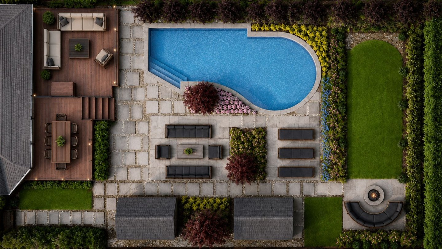 Aerial view of a luxury Toronto backyard landscape design with swimming pool, wood deck, stone patio, and fire pit