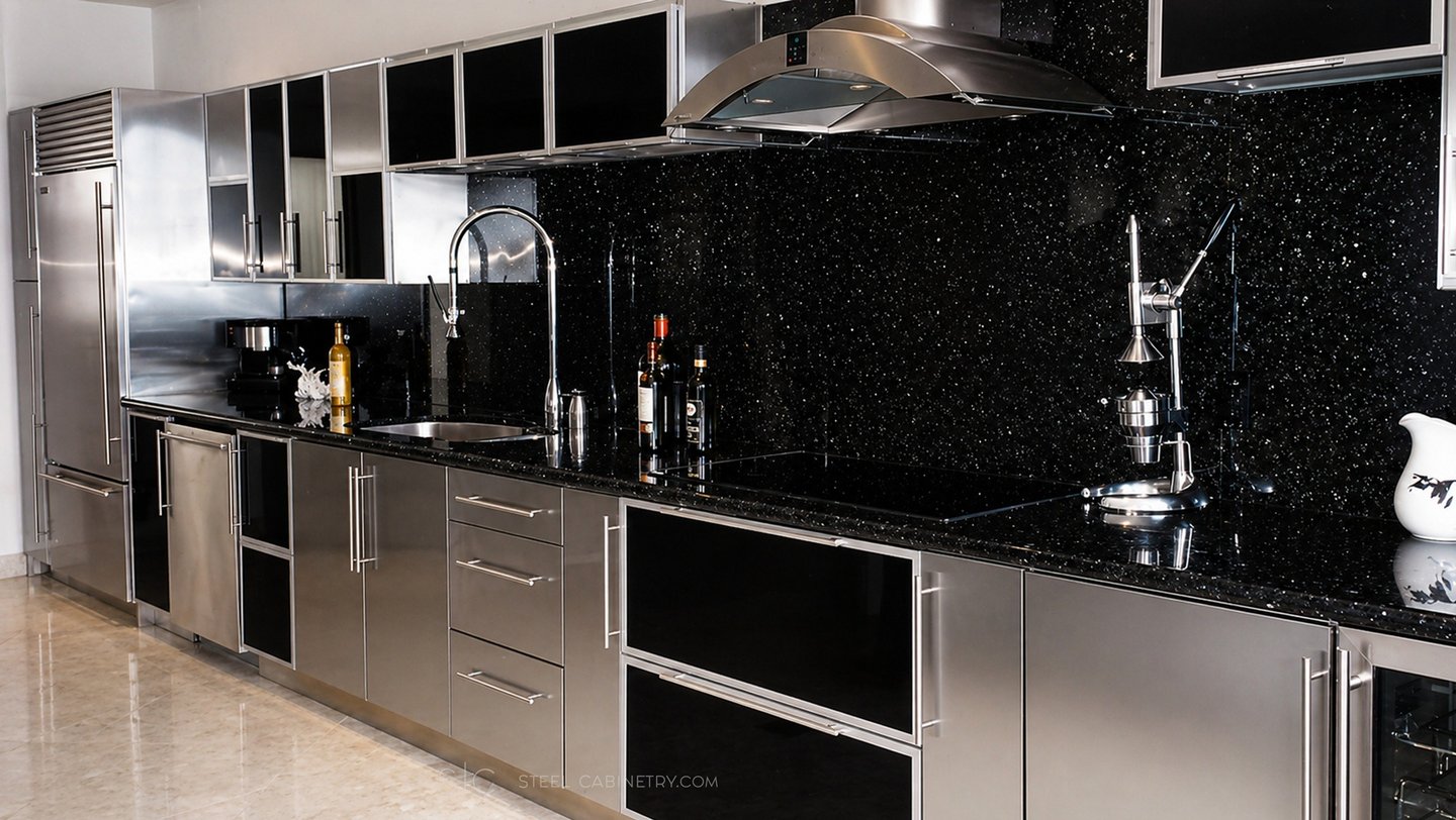 Luxury stainless steel kitchen cabinets combining brushed metal surfaces with black high-gloss panels.