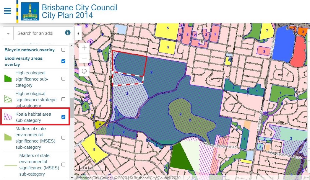 map, Whites Hill reserve koala habitat area map