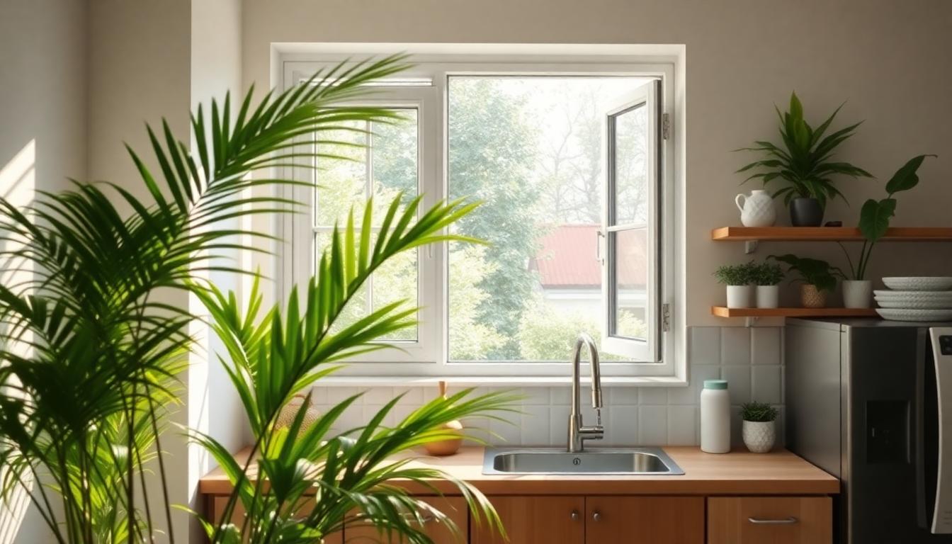 kitchen with plants and an open window