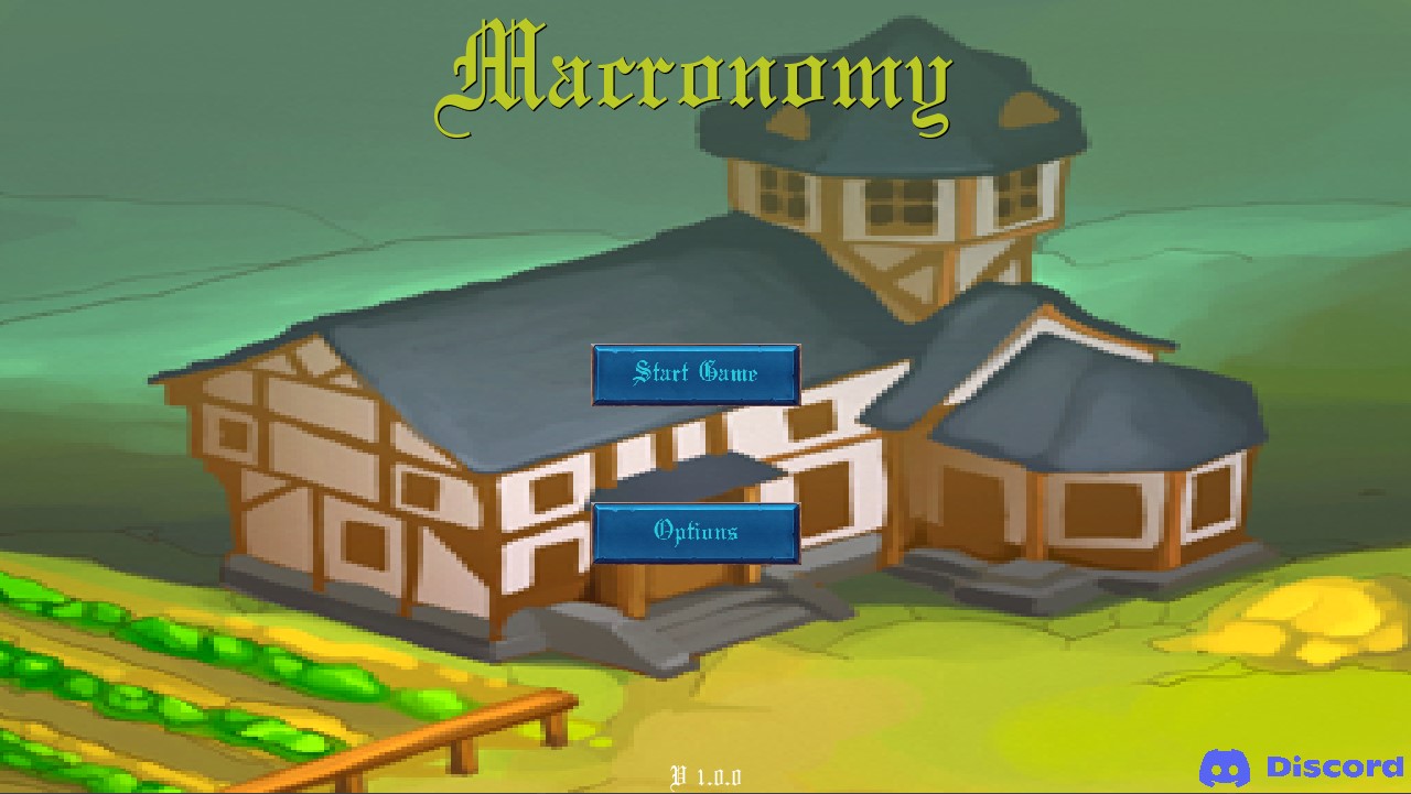 Macronomy game main menu showing a medieval farm house and field with start game and options buttons
